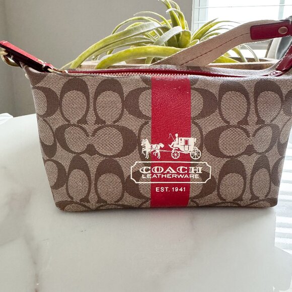 COACH Heritage Stripe Signature Brown & Red Logo Shoulder Bag GUC - Picture 1 of 10